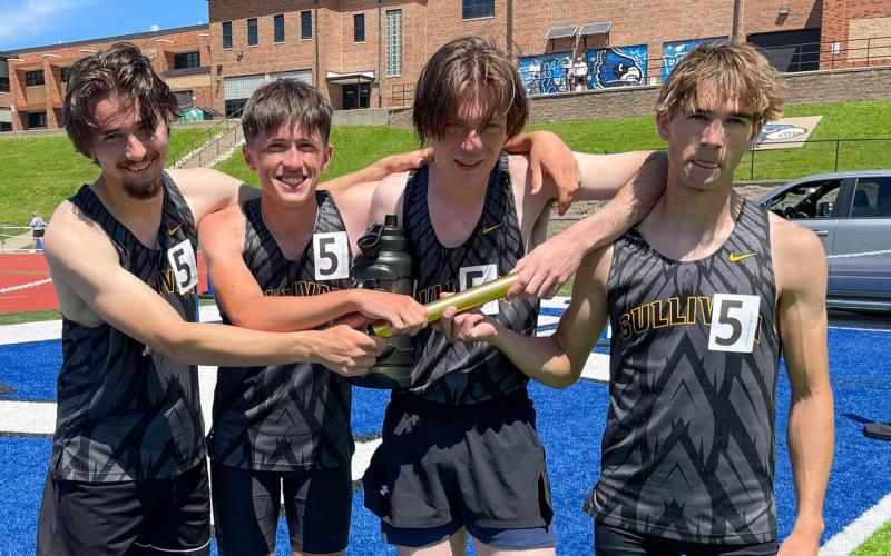 LIFE IN THE FAST LANE. The 4x800-meter relay team took fourth at districts with a time of 8:44.39, earning a lane at sectionals. Pictured from left to right, its runners were William Hunter, Luke Herron, Jayson Summers and Zechariah Beagle. Photo via Sullivan Eagles Track & Field X Article Image Alt Text