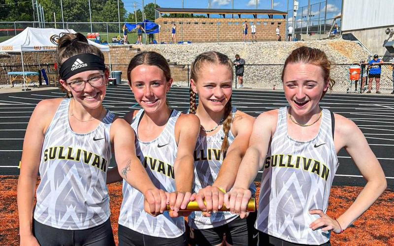 ONTO JEFFERSON CITY. The 4x400-meter relay team, from left to right: Breanna Mayberry, Karlee Head, Mariah Denney and Eva Heady, finished fourth. Photo via Sullivan Eagles Track & FIeld X Article Image Alt Text