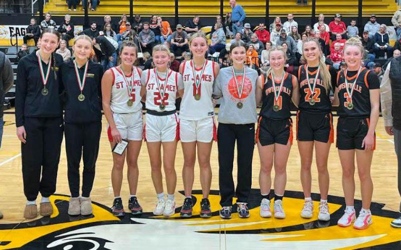 ALL-TOURNAMENT TEAM. Pictured from left to right, the all-tournament team consisted of Sydney Kessler and Tatum Scheer for Borgia; Lydia Kemnitzer, Kenadee Smith and Ally Hartley for St. James; Blanche Halbert for Steelville; Camryn Caldwell, Brynn Wright and Alison Daniels for Owensville. Three players were not pictured: Karlee Head of Sullivan, Brooke Blankenship and PJ Krodinger of St. Pius X. Photo via Sullivan Eagles X Article Image Alt Text