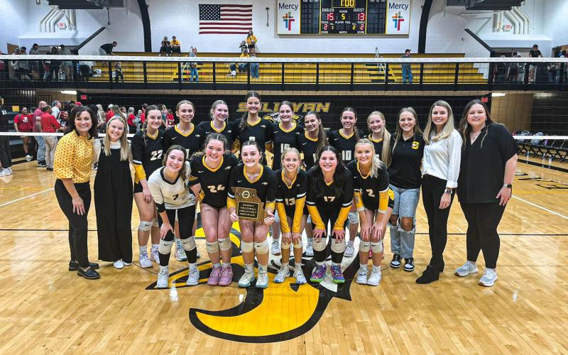 CLASS 3 DISTRICT 9 CHAMPS. The Lady Eagles volleyball team won the Class 3 District 9 Championship on Monday, Oct. 28. Sullivan clinched their first title in two years, upsetting top-ranked St. Clair in five sets. The following Thursday, they capped off their season, falling in a good fight to Logan-Rogersville. Photo via Sullivan Eagles X Article Image Alt Text
