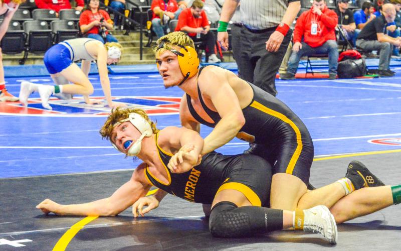COLTON BRENDEL locked down Tyler Estes (Cameron) in his first round. He landed 3rd in the 165 class. Photo by Will Johnson. Article Image Alt Text