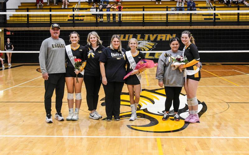 SENIOR NIGHT. Sullivan’s volleyball program recognized three seniors before playing Union: Stevi Saling (left), Trinity Midyett (center) and Kelsie Hansel (right). Photo by Extra Innings Photography Article Image Alt Text