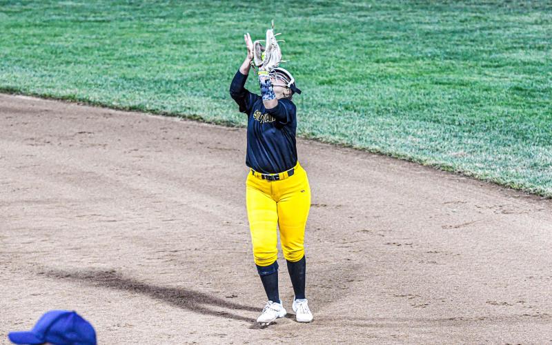 COMEBACK KID. Evvie Blankenship dislocated her knee in the Class 3 third-place matchup against Blair Oaks but returned to the field to catch the final out. Photo by Extra Innings Photography Article Image Alt Text