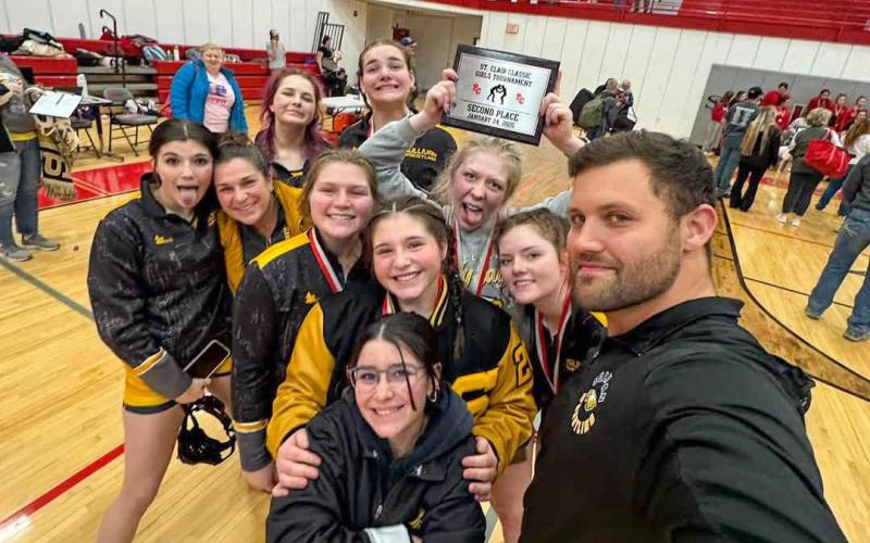 #HEREFORTHEGRIND. This season, Sullivan’s team mentality is to grind through every challenge and improve at each opportunity. They soared to second place at the St. Clair Classic, beating eleven teams with just seven wrestlers. Photo by Carl Lawrence Article Image Alt Text