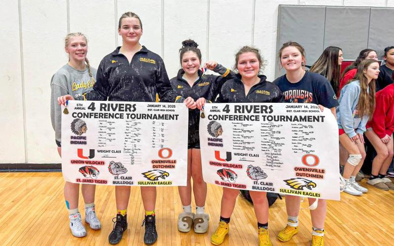 UNPINNABLE. The Lady Eagles brought home five conference medals from St. Clair on Jan. 14. Those who clinched the podium were, pictured from left to right, Ruby Daily, Abigail Erfurth, Chloe Carson, Dorie Richardson and Katie Summers. Photo via Sullivan Lady Eagles Wrestling Facebook Article Image Alt Text