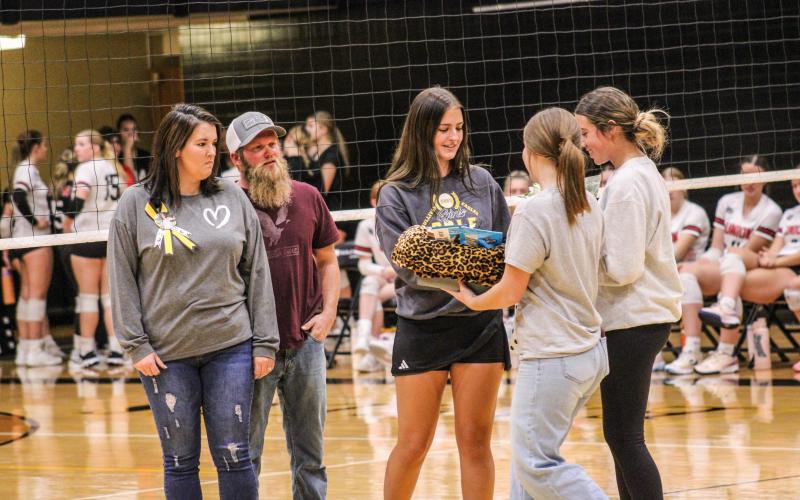 RAYNA CLAUS, a golfer for the Lady Eagles, was recognized on senior night alongside the volleyball team. Photo by Wyatt Hardy Article Image Alt Text