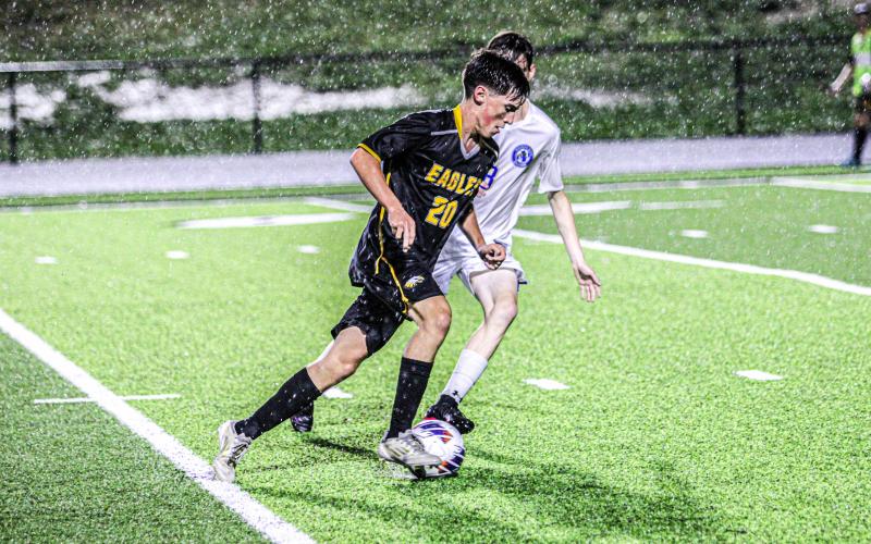 COMING IN CLUTCH. Luke Herron (20) scored the game-winner in double overtime against Laquey. Photo by Wyatt Hardy Article Image Alt Text