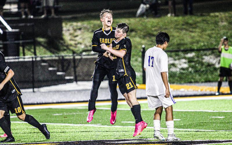 THUNDERSTRUCK. Kaden Smith (left) made the final score in Sullivan’s shutout over Wright City. He celebrated with Aiden Lawrence (right) afterward. Photo by Wyatt Hardy Article Image Alt Text