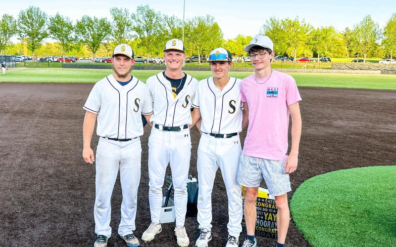 SENIOR NIGHT AT THE BALLPARK. Eagles Baseball and Boys Golf celebrated their seniors at Sullivan Bank Ballpark on Wednesday, Apr. 24. From left to right: the 2024 graduates are baseball players Dayton Skaggs, Cambrian Koch and Gavin Schmidt, then golfer Matthew Mallory. Photo by Wyatt Hardy Article Image Alt Text