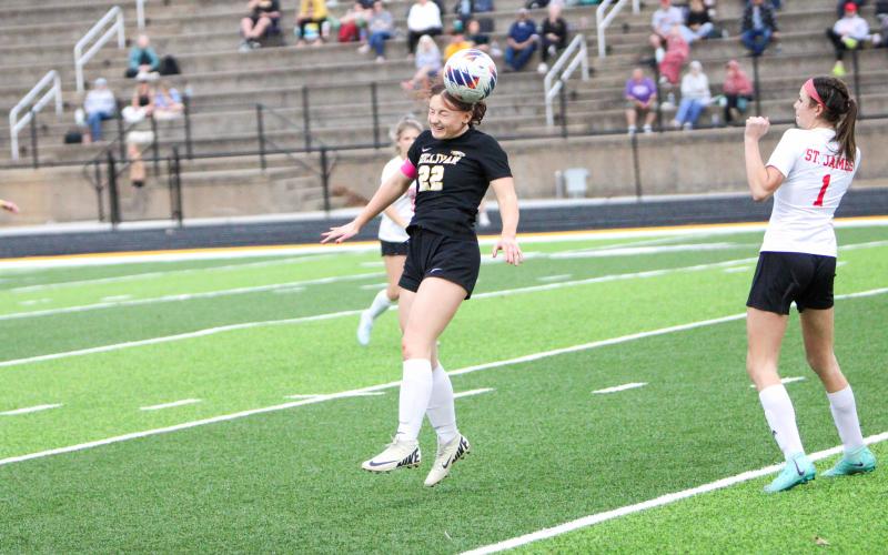 JADA ADAMS (22) fired in a goal and dished out an assist at Sullivan’s home jamboree. The Lady Eagles first fell 3-2 to Festus, then bounced back to sweep St. James 3-0. Photo by Wyatt Hardy Article Image Alt Text