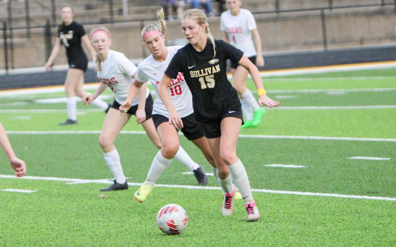 AVA HAYES (15) racked up two goals and two assists at Sullivan’s home jamboree on Tuesday, Mar. 18. Photo by Wyatt Hardy Article Image Alt Text