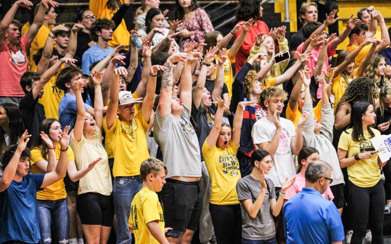 “BOOM!” the Pep Club shouts after a Sullivan block. Photo by Wyatt Hardy Article Image Alt Text