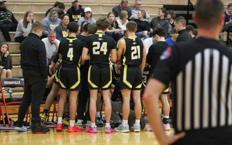 ONE LAST HUDDLE. The Eagles finished their season at the district quarterfinal. Photo by Wyatt Hardy Article Image Alt Text