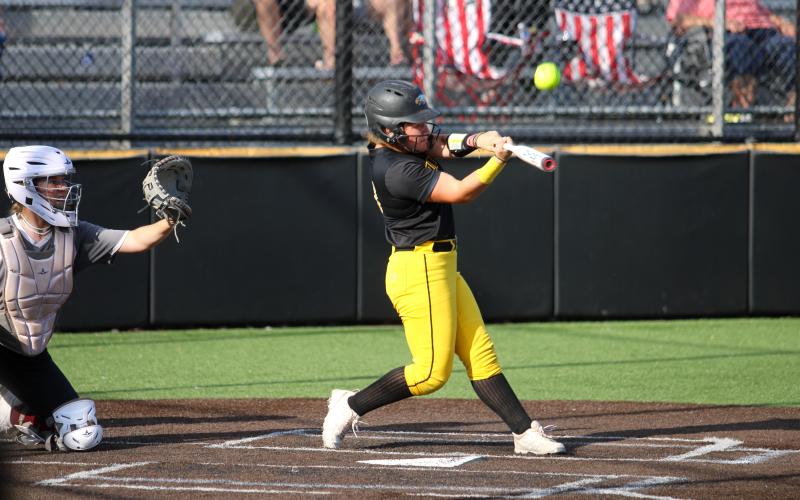 WALK-OFF VICTORY. In the bottom of the seventh inning, Dorie Richardson smashed a home run over the fences to beat the Rolla Lady Bulldogs, 6-5. Richardson tallied up 2 runs, 3 hits and drove in 3 RBIs for her clutch win. Photo by Wyatt Hardy. Article Image Alt Text