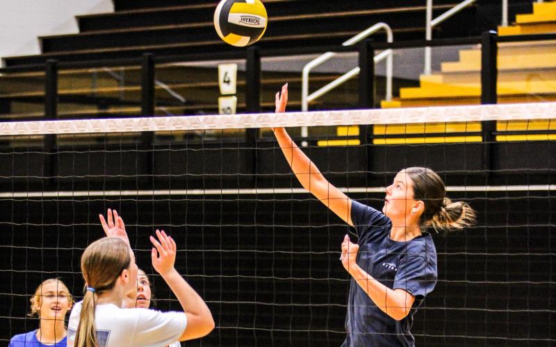 ACE OF THE GAME. Ava Blankenship (right), who led the Lady Eagles in attacks and kills last year, will continue to make her mark on the court. Photo by Wyatt Hardy Article Image Alt Text