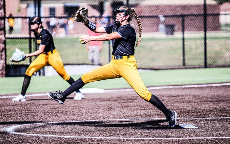 ON FIRE. Ava Declue threw a heater on the mound against West Plains. She pitched the first two innings, firing five strikeouts with three in the top of the second. Photo by Wyatt HArdy Article Image Alt Text