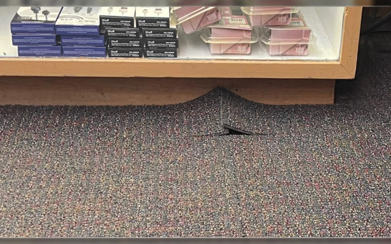 Due to the displacement of the exterior wall, the carpeting can be seen “pinched up” at various transition points.