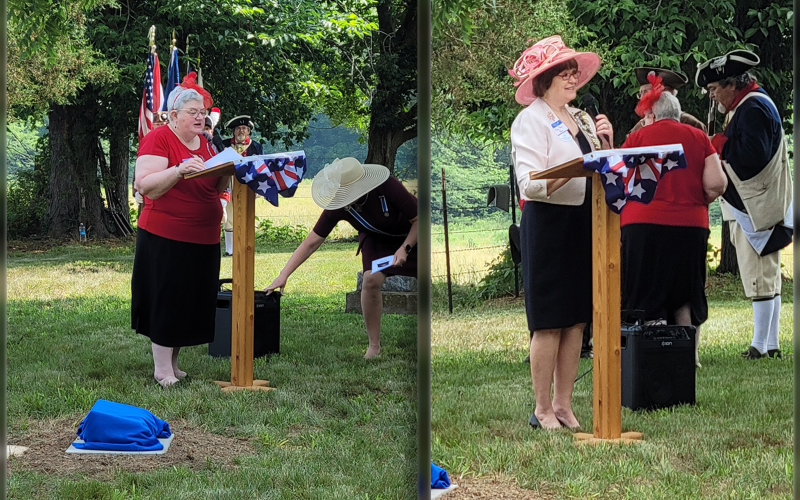 Noah Coleman Vice Regent Viola Huitt, left, speaks and Chalk Bluff Chapter Registrar and descendent Mary Bess Green, right, as she spoke about Lt. Col. Harrison. Noah Coleman Vice Regent Viola Huitt, left, speaks and Chalk Bluff Chapter Registrar and descendent Mary Bess Green, right, as she spoke about Lt. Col. Harrison.