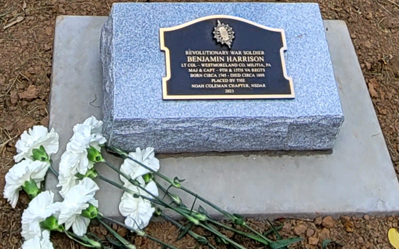 The grave marker of Lt. Col. Benjamin Harrison, a Revolutionary War patriot, was placed by the Noah Coleman Chapter of the National Society of Daughters of the American Revolution (NSDAR) on Saturday, June 10, in his family cemetery. The grave marker of Lt. Col. Benjamin Harrison, a Revolutionary War patriot, was placed by the Noah Coleman Chapter of the National Society of Daughters of the American Revolution (NSDAR) on Saturday, June 10, in his family cemetery.