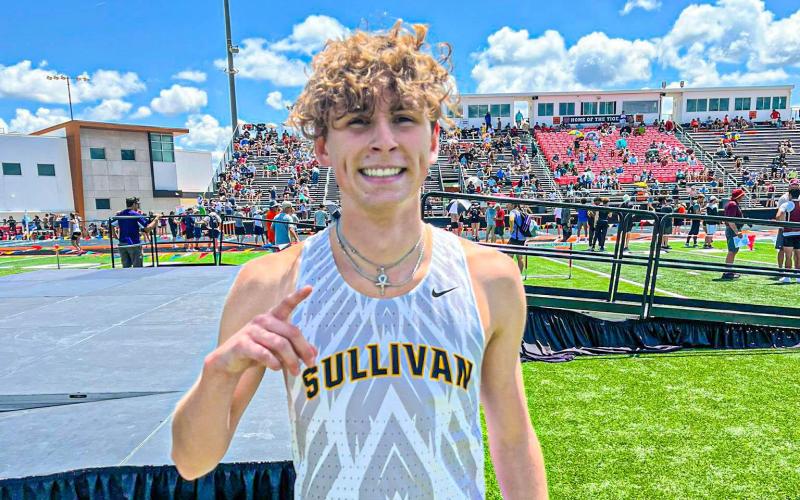 THREE-PEAT. Senior Wyatt Kraus will take his third trip to state, competing in the 110-meter hurdles. Photo via Sullivan Eagles Track & Field X Article Image Alt Text
