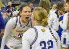 MALLORY SHETLEY (10) led Western Illinois’s women’s basketball team to winning the Ohio Valley Conference Championship. The Sullivan alumna also won all-tournament most valuable player and recently eclipsed a career total of 2500 points. Shetley is pictured celebrating with her teammate, Kaylen Reed (32), after the Leathernecks defeated Lindenwood 71-65 for the conference title on Saturday, Mar. 7. Photo via Western Illinois Women’s Basketball Facebook Article Image Alt Text